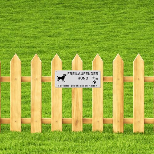 Vorsicht Freilaufender Hund Schild, Achtung Hund Schild, Reflektierendes Aluminium, Warnschild Hunds Aluminium mit 4 Vorgebohrten Löchern, Schilds Warnung vor Dem Hunds für den Innen/Außen, 25x9cm