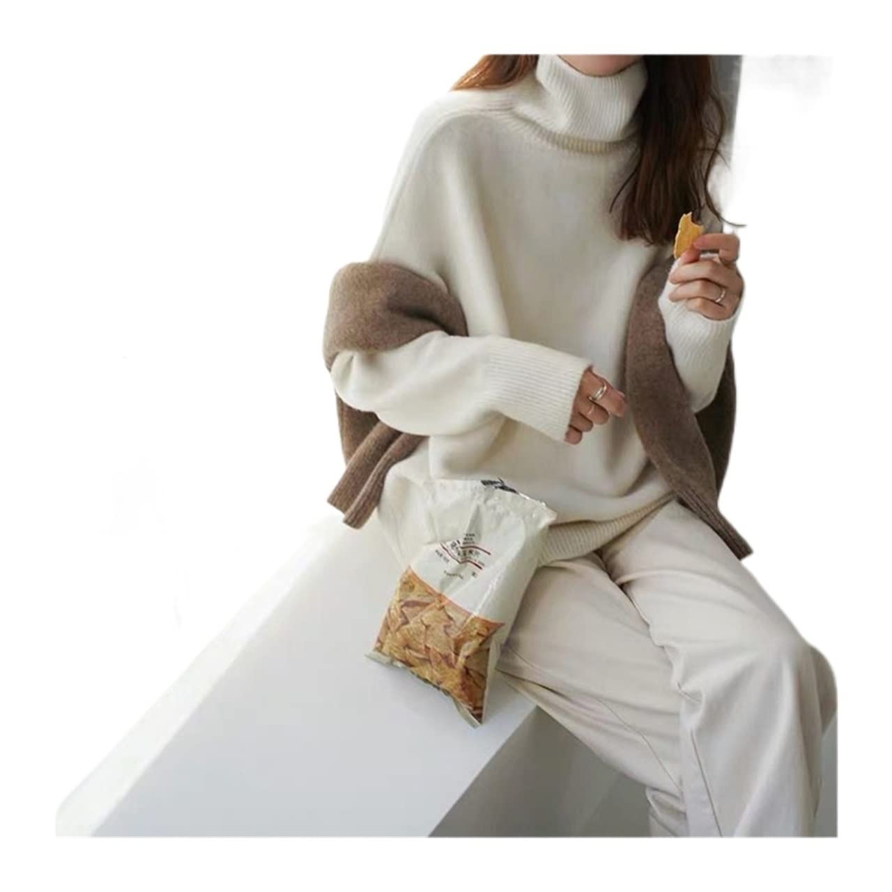 Women's Soft Oversized Turtleneck Sweater – Korean Style Cashmere Feel Pullover – Khaki - View #10
