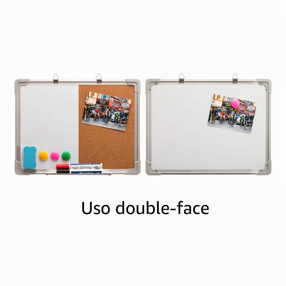 DOEWORKS Lavagna Bianca Combinata Bifacciale 40 x 30cm, Lavagna Magnetica Cancellabile a Secco & Bacheca in Sughero, Bacheca Sospesa a Parete per Casa Ufficio Scuola