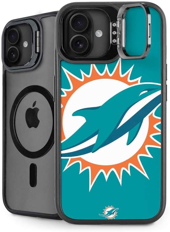 Skinit Kickstand Phone Case Compatible with iPhone 16 - Officially Licensed NFL Miami Dolphins Double Vision Design