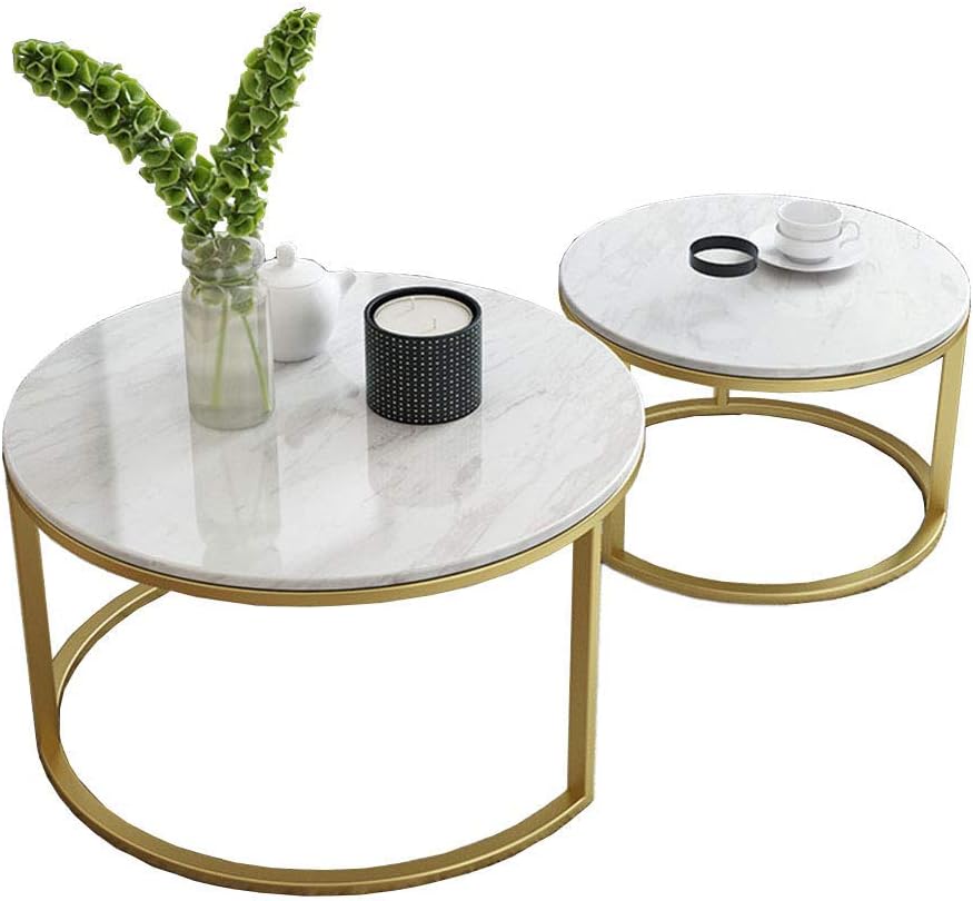 NMDCDH Home Décor Furniture Leisure Coffee Table, Round Nesting Tables, Marble Top, Metal Base, Set of 2, for Living Room or Lounge Living Room or Lounge