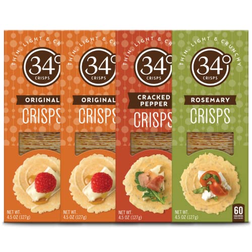 34 Degrees Crisps | Entertaining Variety Pack - 2 Original, 1 Cracked Pepper, 1 Rosemary | Thin, Light & Crunchy Variety Pack Crisps, 4 Pack (4.5oz each)