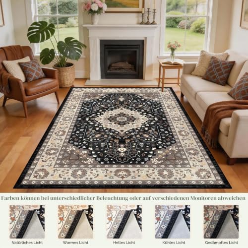 TUKDAK Vintage Teppich Wohnzimmer 120x180cm, Schwarz Weiß Waschbarer Teppich Schlafzimmer, Boho Kurzflor Esszimmer Teppiche… – Ansicht 2