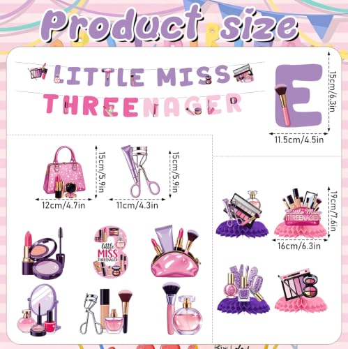 Image of Little Miss Threenager Birthday Decorations - 14 Pcs 3rd Birthday Banner Hanging Swirls Honeycomb Decorations for Girls, Makeup 3 Year Old Girl Party Decor Supplies