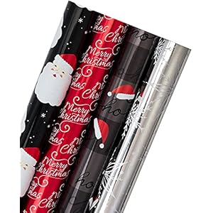 WRAPAHOLIC Christmas Wrapping Paper Roll – Black and Red Retro Santa, Silver Snowflake, HO HO HO Santa Hat Holiday…