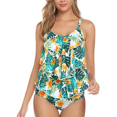 Wayleb Tankinis Traje de Baño Mujer Dos Piezas Flores Impresión Top Cover