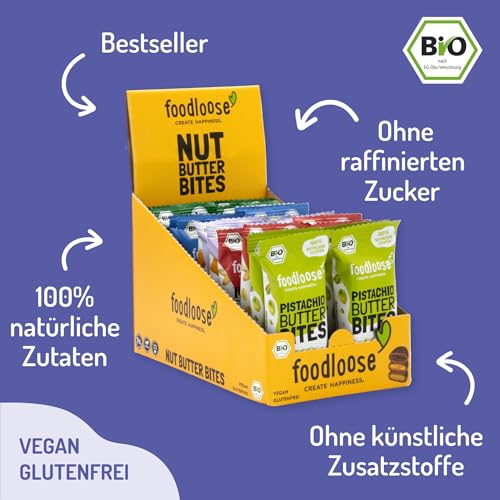 foodloose Bio-Nut Butter Bites Probierpaket | Leckere Snacks aus Datteln mit cremigen Nussmus Füllungen | Vegan, Bio, glutenfrei & ohne raffinierten Zucker | Großpackung mit 5 Sorten (20 x 40g)