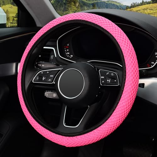 Image of KAFEEK Elastic Stretch Steering Wheel Cover, Universal 15 Inch, Rose Red