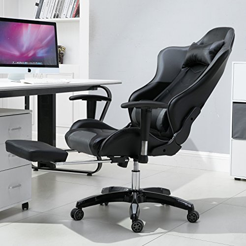 LZQ Racing Sportsitz Gamingstuhl Bürostuhl mit Fußstützen, PU Kunstleder Bürodrehstuhl, Chefsessel Schreibtischstuhl Drehstuhl mit Armlehnen, Wippfunktion und Höhenverstellbar (Grau-Schwarz) - 9