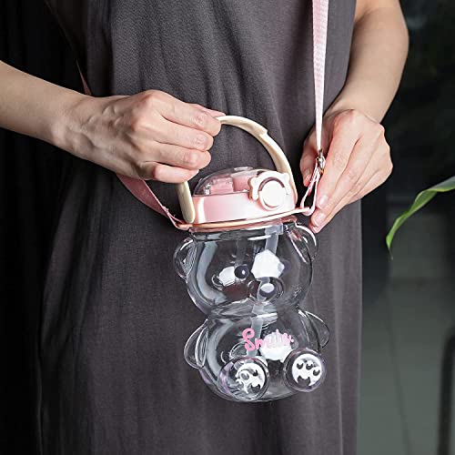 Image of 1 Liter Capacity Cartoon Teddy Bear Water Bottle Sipper Water Bottle Portable Mouth With Straw, Sticker, Strap Smile Teddy Bottle - Color (Pink)