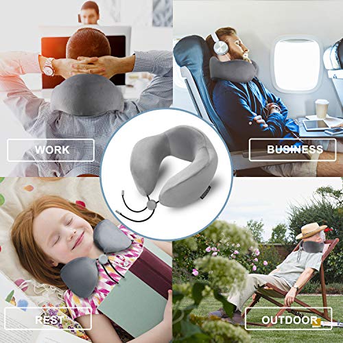 RENOOK Travel Pillow, 100% Pure Memory Foam Neck Pillow, Ideal for Airplane Travel, Improved Support Design – Machine Washable Cover.