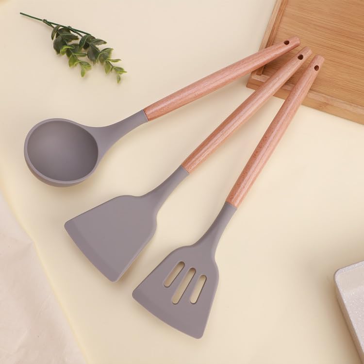 Silicone Spatula Set For Kitchen With Wooden Handle | Non-Stick Silicon Cooking Utensils Turner Serving Spoon Tools Of 3 (Grey)