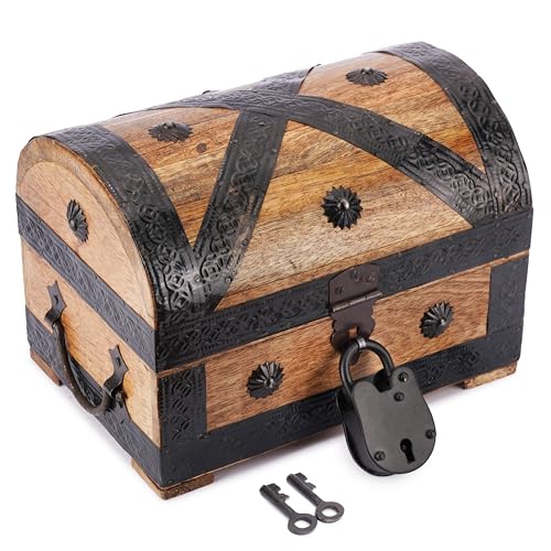 Ajuny Wooden Pirate Treasure Chest Jewelry Box – Handcrafted Vintage Keepsake Organizer with Shell Strips, Perfect for Necklaces, Earrings, and Trinkets, 9x6 Inch Gift Box