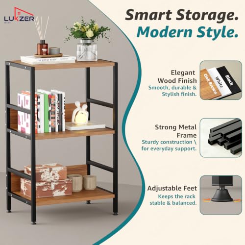 Image of Lukzer 3-Tier Wooden Bedside Table for Bedroom & Multipurpose Open Storage Shelf (MMR-006-Black & Oak Brown) Metal Side Tables for Living Room & Space-Saving Kitchen Organizer Rack (70 x 43 x 30 cm)