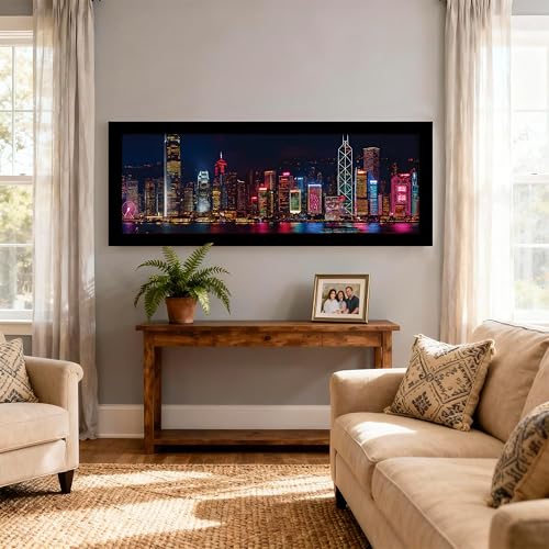 Image of PAINTINGMANTRA Vibrant Hong Kong Skyline at Night Cityscape Wall Art Framed Luxury Paintings for Home Decoration, Living room, Bedroom and Office Decoration (99x38 CM)