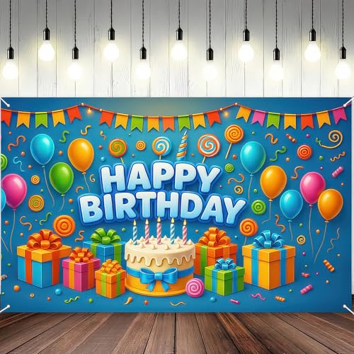 Image of BlissYard Happy Birthday Banner 71x43 Inch Gift Cake Blue Background Decoration for Boys Candy Theme Poster Backdrop Wall Scene Happy Birthday Banner Kids Party Display Setup Outdoor Supplies