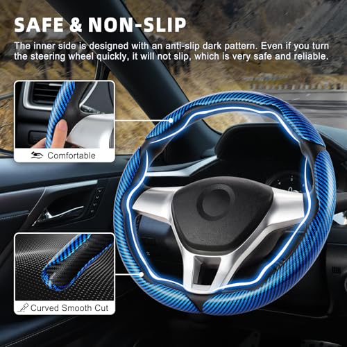 Image of Amiss 3pcs Carbon Fiber Anti-Skid Steering Wheel Cover, Waterproof Design, Universal Fit for 14-16 Inch Car Wheel Cover, Interior Car Accessories for Jeeps, SUVs, Trucks (Glossy Blue)