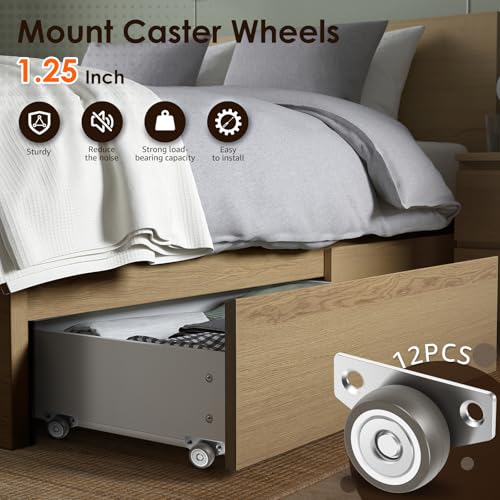 12 Pcs Side Mount Casters Wheels 1.25 Inch Non Swivel Caster Wheels No Noise Side Mounted Casters with 24 Screws for Furniture Cabinet Tables