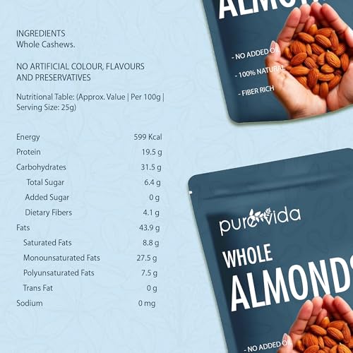 Image of Purevida California Almonds 1Kg | Crunchy & Nutrient-Rich | High in Protein, Fiber, Vitamin E & Healthy Fats | Supports Brain & Heart Health | Gluten-Free | Ideal for Snacking, Baking & Cooking
