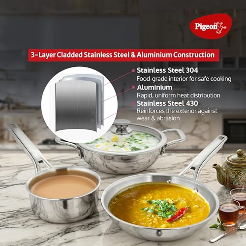 Image of Pigeon Elite Stainless Steel Triply 4 Pcs Gift Set - 22cm (2L) Kadai, 22cm (1L) Frypan and 14cm (1.1L) Saucepan, Less Oil Use, Easy to Clean - Induction and Gas Stove Compatible - Silver