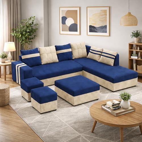 Image of Stova Luxe Velvet-Suede Fabric 8 Seater RHS Sofa Set | with 2 Ottomans& Centre Table| Comfortable & Spacious Seating | Modern Sofa Set for Living Room - Dark Blue & Cream