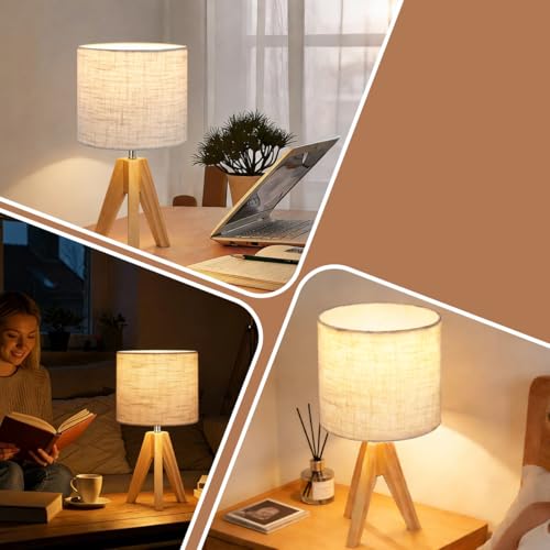 Lámpara de mesa trípode pequeña con base de madera natural miniatura 7