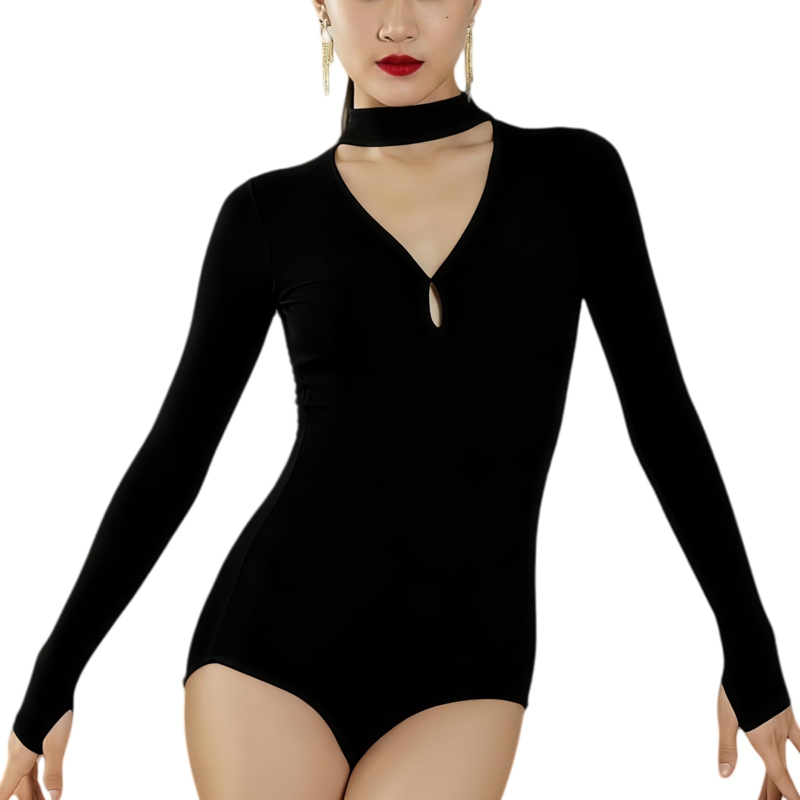 Toukingda Women's Black Dance Leotard For Long Sleeve Ballet Bodysuit Choker Neck Latin Dance Top Gymnastics Leotards Tops Jazz Costume Adult Dancewear, L
