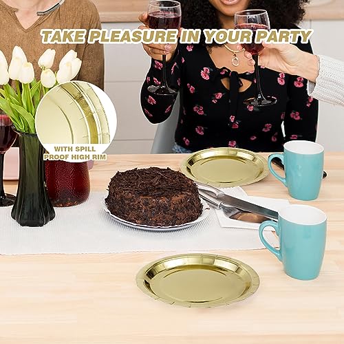 Image of Gold Disposable Paper Plates, 7 Inch Dessert Cake Plates, 50 Count Bulk