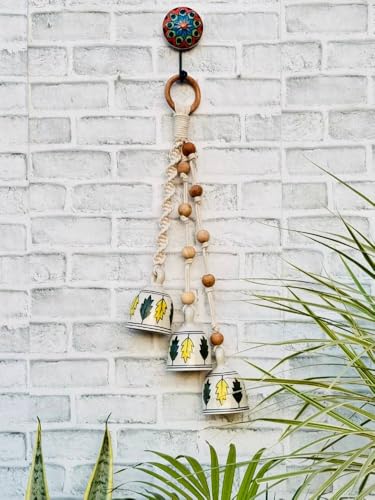 Image of Crafty Co. Handmade Ceramic Macrame Hanging Bells for Home Decor | Bunch of 3 Big Decorative Ceramic Bells with Wooden Beads | Wall Hanging Bells for Entrance, Patio, Balcony & Festive Decor (White)