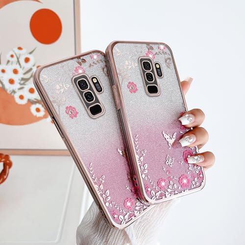 Image of Galaxy S9 Plus Case, Glitter Crystal TPU Stylish Butterfly Floral Heart Clear Protective Cover with Strap (Rose Gold)