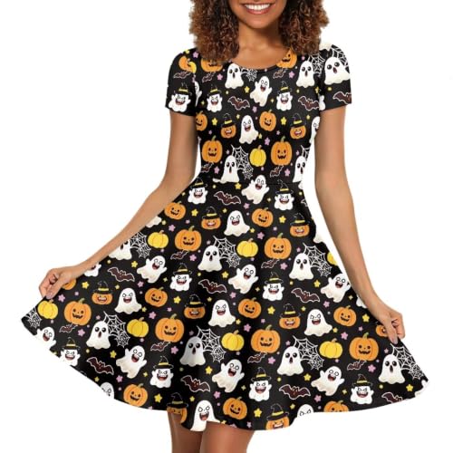 Image of HUGS IDEA Womens Puffy Swing Midi Dress Round Neck Short Sleeve Party A-Line Dresses