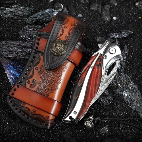 ALVELY Handmade Japanese VG10 Damascus steel Folding Pocket Knife，With leather case，Liner Lock，3.1in high hardness blade，Wooden Handle，men's folding knife hiking trip EDC tool Knife