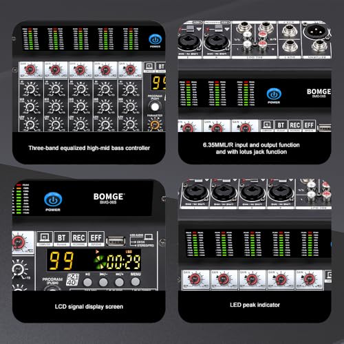 BOMGE Professioneller Audio-Mixer, 6-K-Mischpult mit 99 DSP-Effekt, +48 V Phantom, Bluetooth, USB-Schnittstelle. 2 AUX.FX-Prozessor für Studioaufnahmen und Live-Auftritte