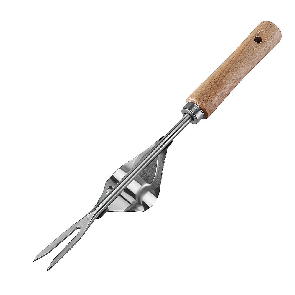 Comimark 1pc Wood Handle Stainless Steel Garden Weeder, Hand Weeding Removal Cutter Puller Tools, Multifunction Weeder Transplant