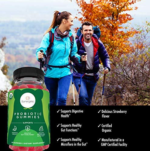 Image of Sunergetic Certified Organic Probiotic Gummies - Daily Probiotic Gummies to Help Support Digestion, Gut Health & Immune System - 5 Billion CFU - 60 Strawberry Flavored Probiotic Gummies
