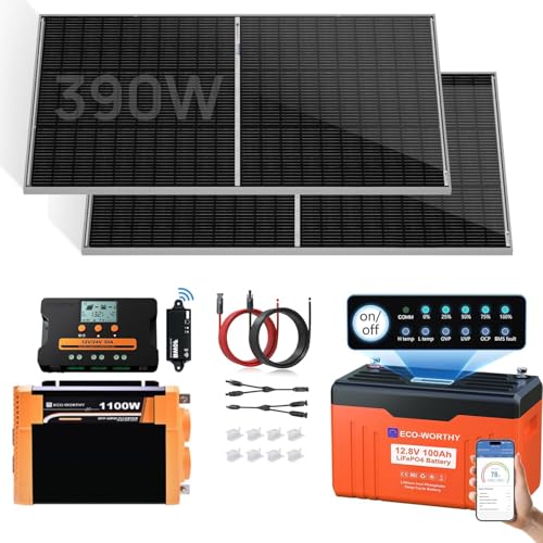ECO-WORTHY 390W 12V Complete Solar Panel Kit for RV Home Off Grid Yard: 195W Solar Panels*2 + 1000W Solar Inverter+12V 100Ah Lithium Battery+ 30A Charge Controller + Bluetooth Module