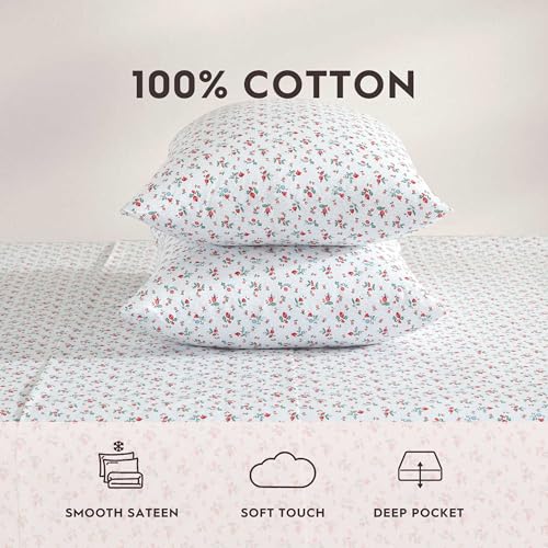 Image of Laura Ashley - Full Size Sheet Set, Crisp & Lightweight Cotton Percale Bedding with Fitted Sheet and Pillowcases, Floral Room Decor, Deep Pocket, College Dorm Room Essentials (Aylesmore Ditsy Red)