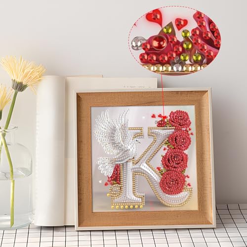 Image of AiYuanzsh 5D Diamond Art Kits for Adults Letter K, Romantic Rose & Dove Alphabet Diamond Painting, Luxury Special Shape Diamond Art for Adults DIY Crystal Rhinestones Home Decor 17x17cm