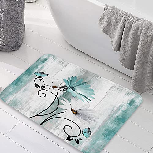 Rustic Farmhouse Bath Rug, Farm Teal Daisy Floral Flowers and Butterfly on Country Wooden Bath Mat Turquoise Blue Kitchen Rug Floor Mat Soft Non Slip Runner Carpet Indoor Doormat (16X24) by VeiVian - Used condition - Image 3