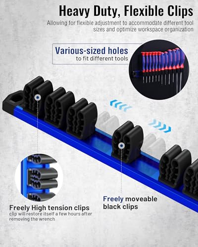 Image of WORKPRO Magnetic Screwdriver and Wrench Organizer Set, 12-Slot Tool Holder | Aluminum Rail, Magnetic Force, Flexible High-Tension Tool Clips, For Tool Box Drawer & Wall-Mount Storage