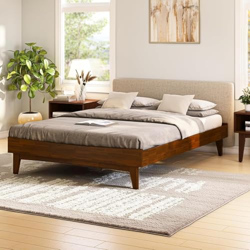 Image of Arman HANDICRAFTS Solid Wood Queen Size Platform Bed Frame with Upholstered Headboard, Heavy Duty Wooden Slats Support, 800 lbs Capacity, No Box Spring Required, Walnut Finish