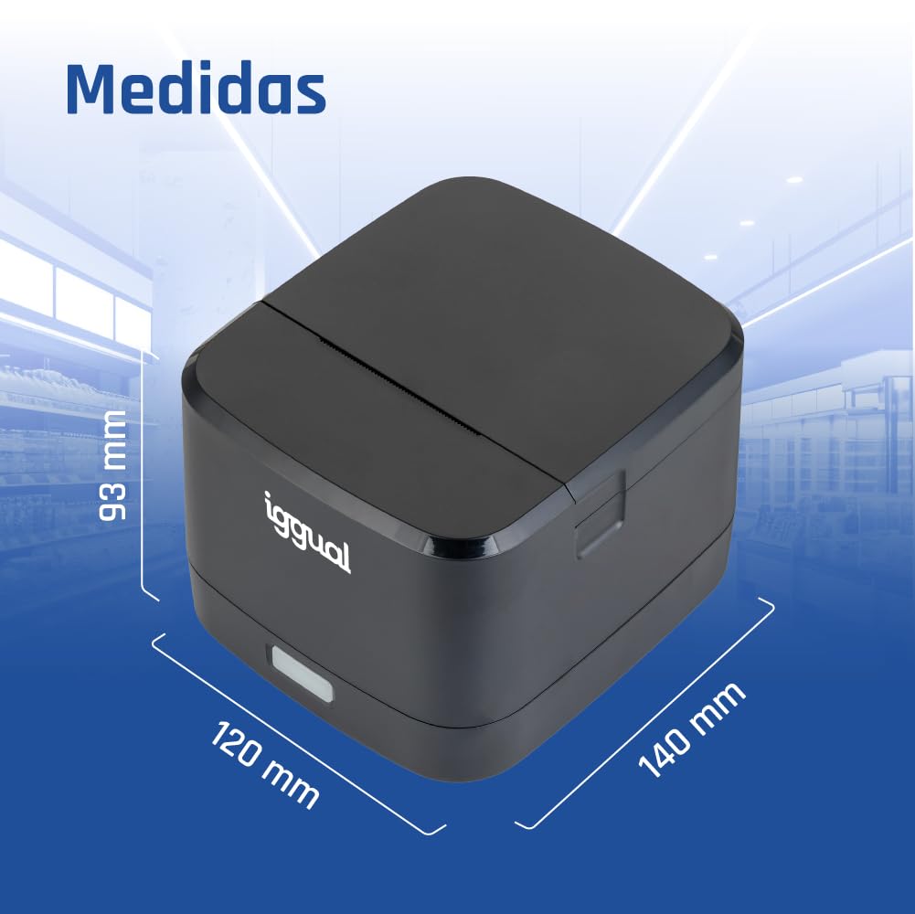 iggual Tickets TP Easy 58 Thermodrucker, USB + RJ11, 58 mm, Geschwindigkeit 90 mm/s, 203 x 203 DPI, Windows 11/10/8/7/Vista/XP/2000/JPOS/Linux, SDK Android, iOS, Windows (139 x 122 x 93)
