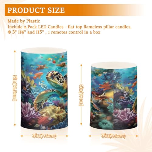 Image of Sea Turtles Ocean Coral Reefs Fish Flickering Flameless Candles LED Battery Operated with Remote Timer Pillar Candles for Home Birthday Wedding Christmas Decor, Set of 2