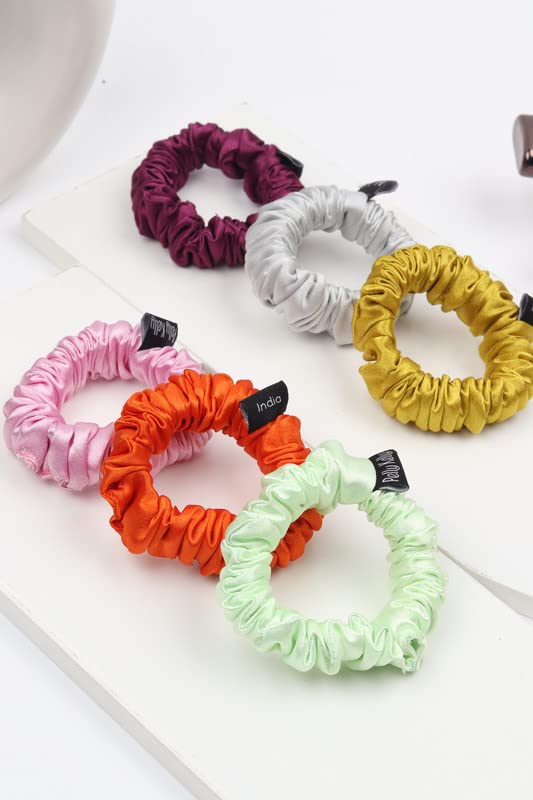 Image of Premium Satin Scrunchies for Women | Hair Bands, Ponytail Holders & Rubber Bands | Skinny, Fluffy, No-Damage Hair Ties | Girls Hair Accessories | Small Size | Pack of 6