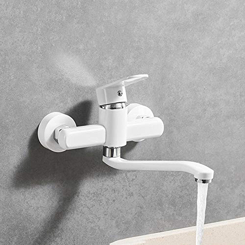 Grifo de Cocina Grifos Monomando para Fregadero de Cocina montados en la Pared Latón Blanco Giratorio Doble Orificio Apto para Cocina fría y Caliente (30 cm) (30 cm)