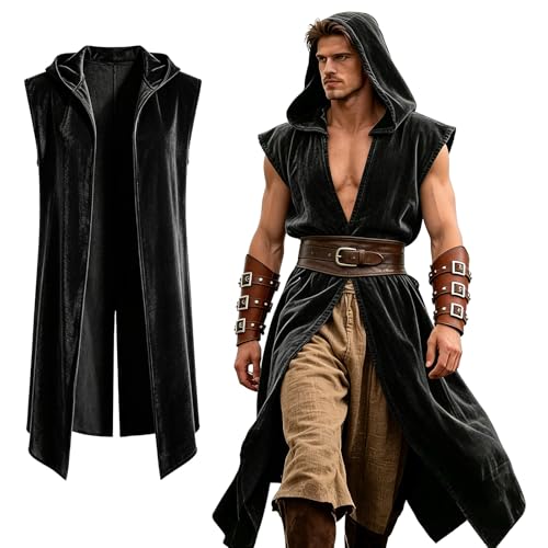 GFNWERTD Mens Medieval Sleeveless Hooded Surcoat Renaissance Costume Men for Halloween Assassin Cosplay (Black L)