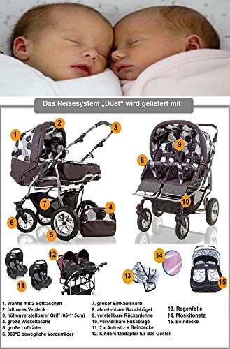 ZWILLINGS- UND GESCHWISTERWAGEN "DUET" : 16 Teiliges Mega-Set inklusive 2 x Autositze und Adapter in 20 tollen Farben
