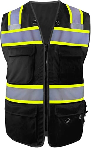 SMASYS Chaleco de seguridad de alta visibilidad con 5 bolsillos, chaleco de punto de seguridad con rayas reflectantes para trabajo de construcción