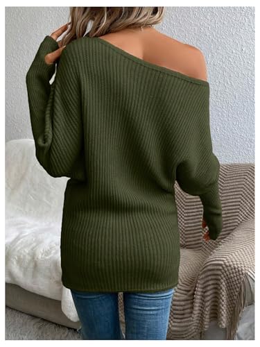 Image of SOLY HUX Sweaters for Women Off The Shoulder Long Sleeve Knit Fall Sweater Pullover Tops Pure Green Small
