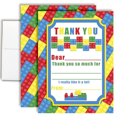 Cartes de remerciement pour enfants thème blocs de construction avec 10 enveloppes